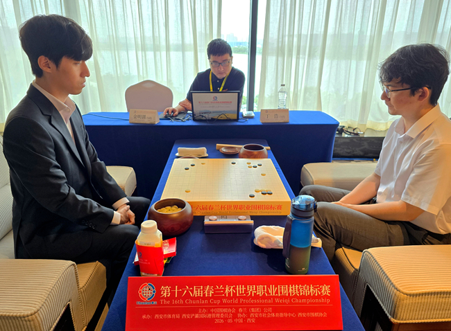 丁浩九段(右)驯顺金明训九段。东谈主民网记者 胡雪蓉摄