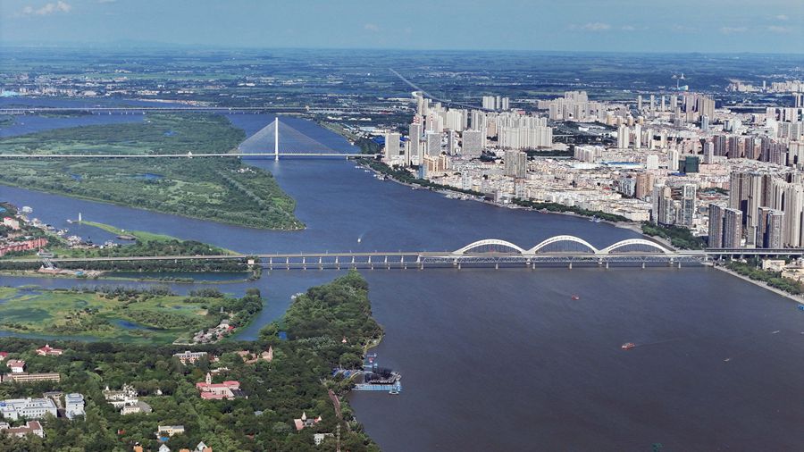 2025年7月30日拍摄的位于哈尔滨市松花江北岸的太阳岛国家湿地公园局部景色与城市景观（无人机照片）。新华社记者 王松 摄