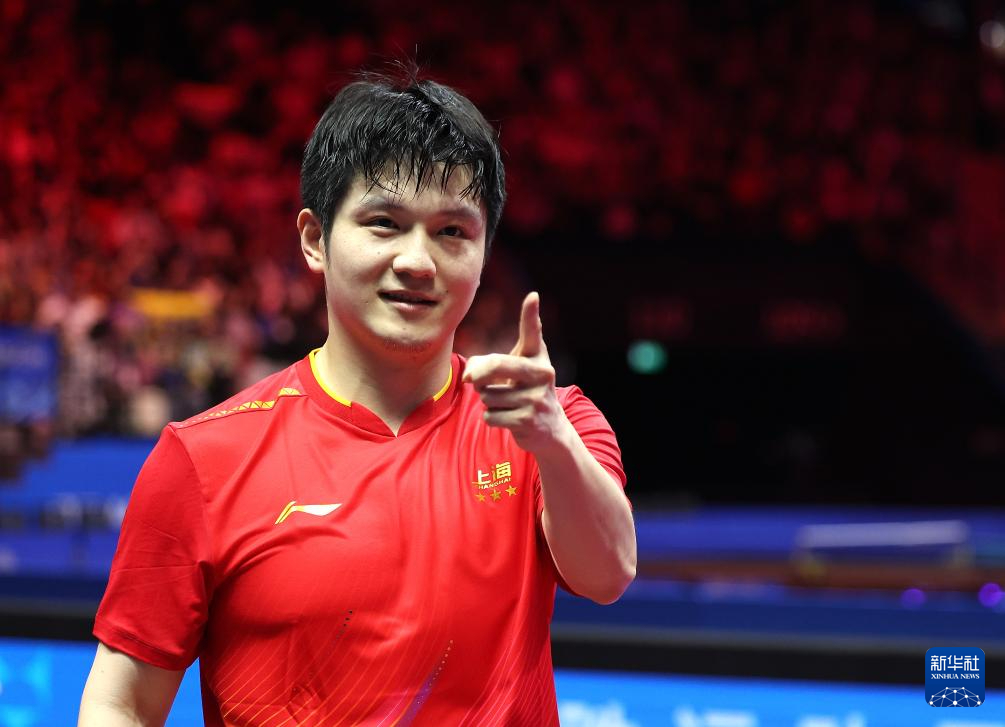 11月16日,上海队选手樊振东庆祝获胜。新华社记者 陈斌 摄